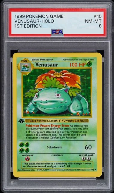 PSA 8 1st Edition Venusaur holo from the 1999 Base Set, carrying a thin 1st Edition stamp below the left corner of the illustration.