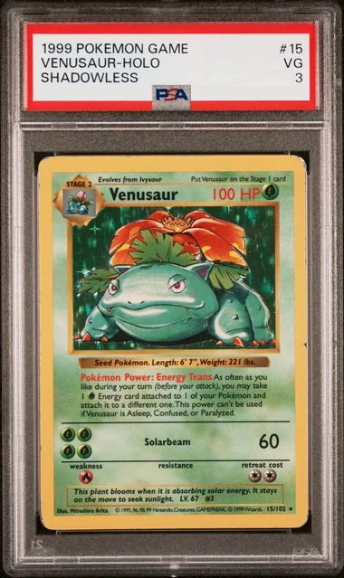 PSA 3 Venusaur holo from the 1999 Base Set. The PSA label reads 1999 POKEMON GAME, VENUSAUR-HOLO, SHADOWLESS. There is no stamp below the illustration.